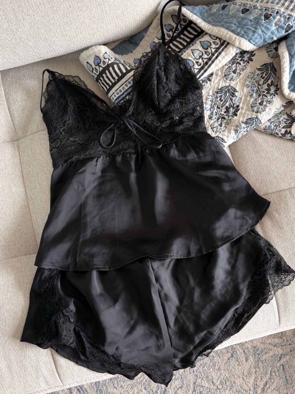 Victoria's Secret Black Lace-Trim Satin Camisole & Shorts Set